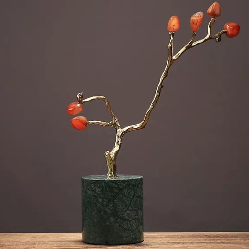Статуэтка Ветка с ягодами красного агата на подставке зелёного мрамора
