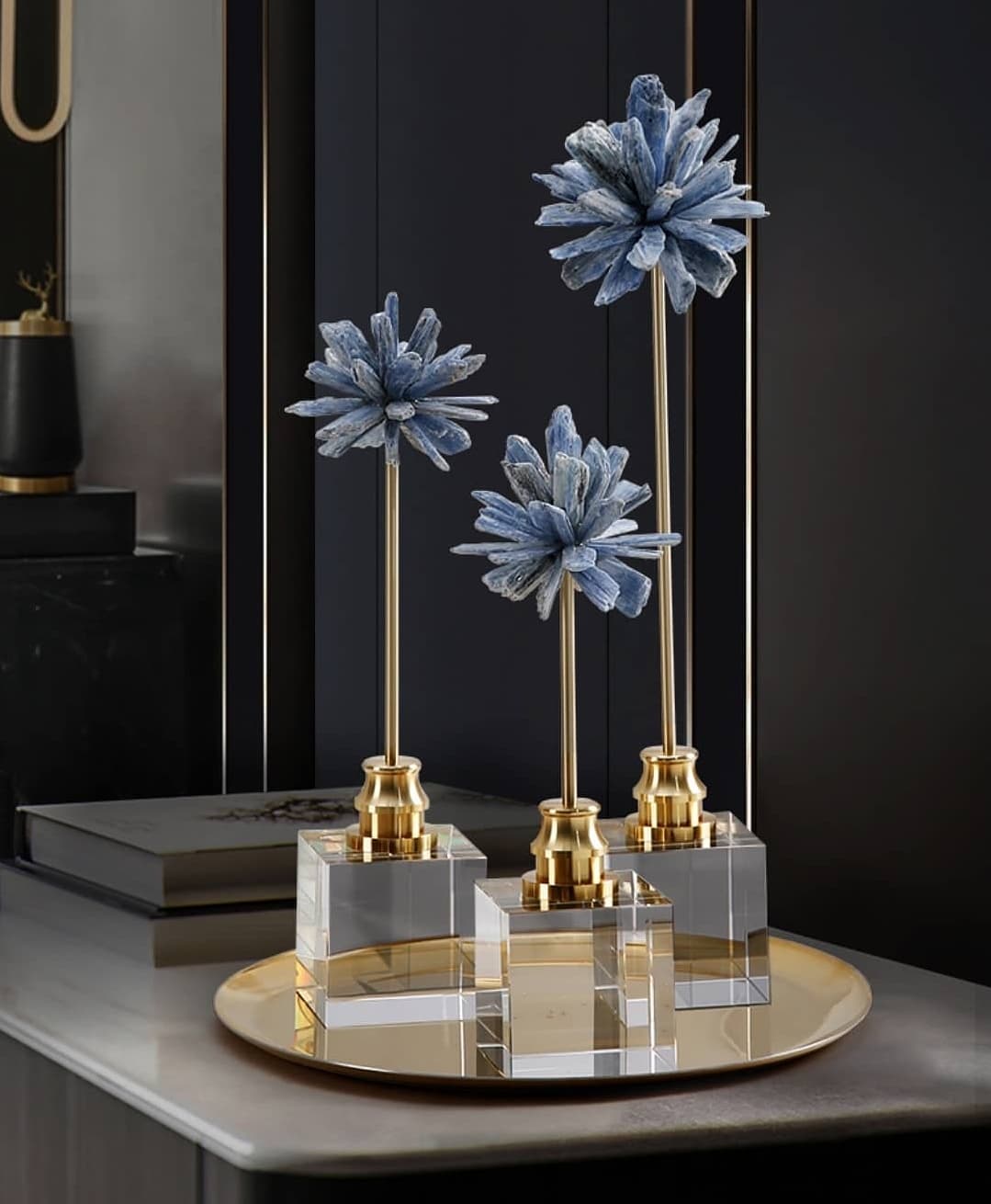 Статуэтка Цветы-ежики из селенита на подставке из латуни и стекла