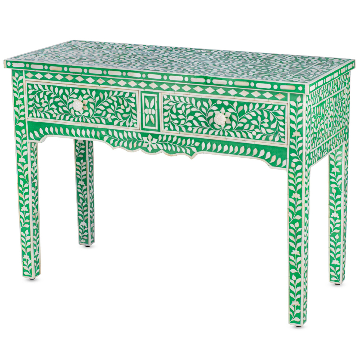 Стол рабочий зеленый орнамент кость BONE INLAY CONSOL TABLE 2 DRAWER
