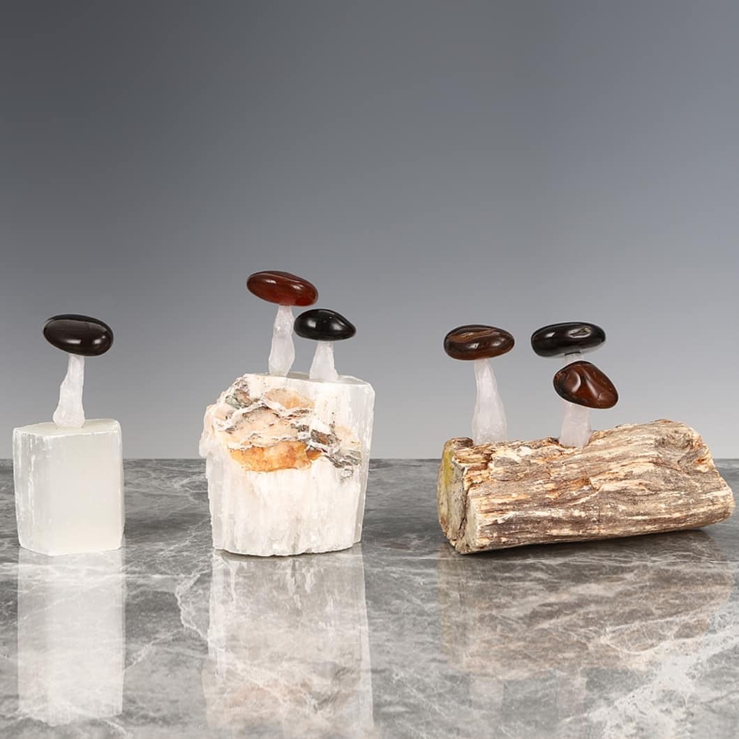 Статуэтка Грибочки из агата на подставке из окаменелого дерева
