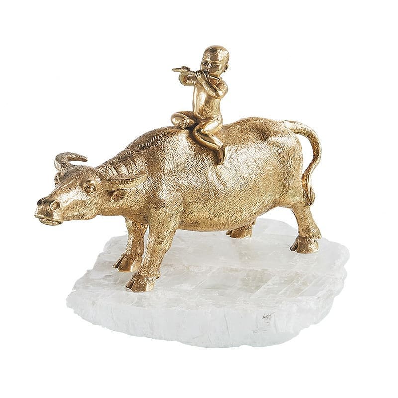 Статуэтка Мальчик на буйволе из латуни на подставке из кварцита