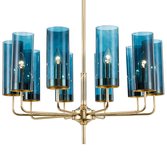 Люстра Hans-Agne Jakobsson Brass & Blue Glass Tube Chandelier 10 designed by Hans-Agne Jakobsson