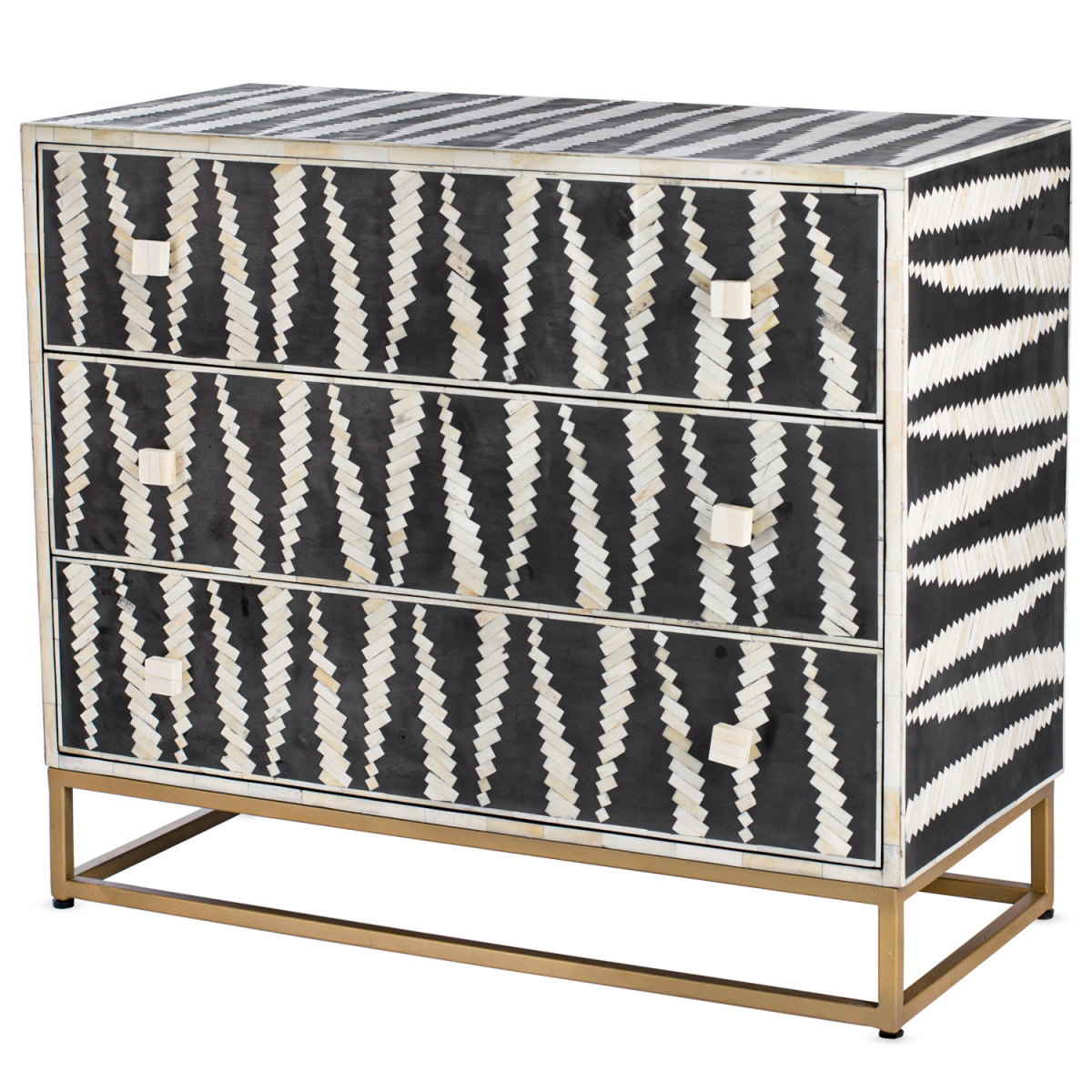 Комод черно-белый кость Mandika Bone Inlay Chest on Brass Legs 3 DRAWER