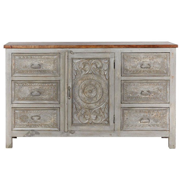 Серый резной буфет из массива манго Grey Mango