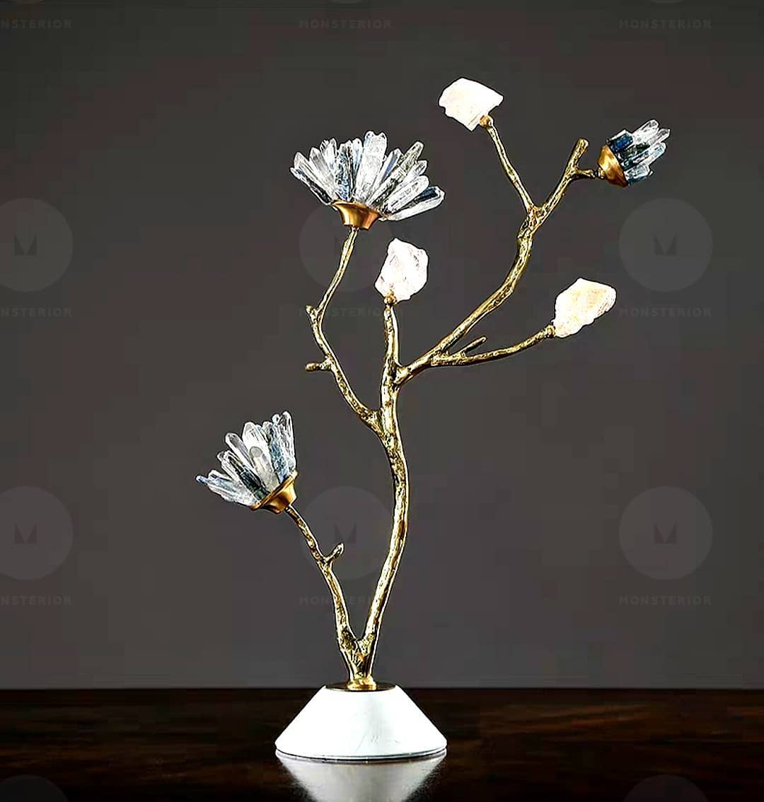 Статуэтка Деревце медное с кристаллами горного хрусталя на мраморной подставке