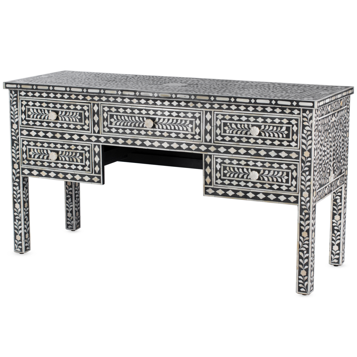 Стол рабочий черно-белый орнамент кость BONE INLAY TABLE 5 DRAWER