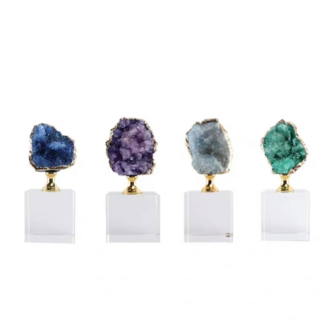 Статуэтка Жеода агата в золотой глазури на подставке из латуни и хрусталя