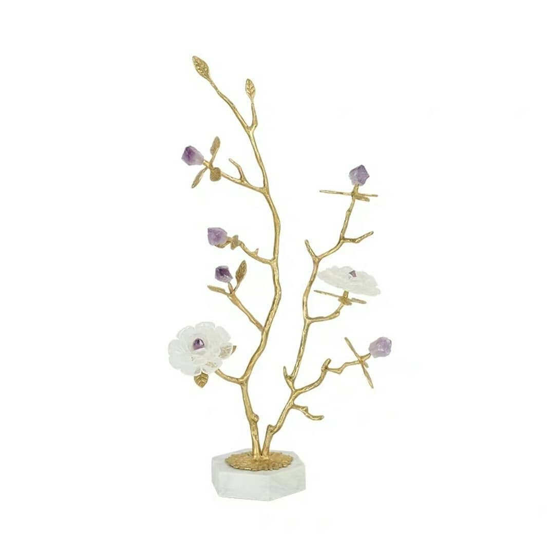 Статуэтка Деревце с цветами аметиста и кварца на шестигранной мраморной подставке M