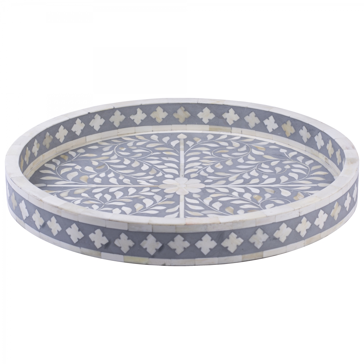 Круглый поднос Инкрустация костью Серый