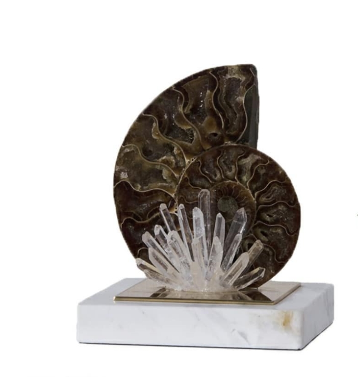 Статуэтка Раковина аммонита с кристаллами горного хрусталя левая на подставке