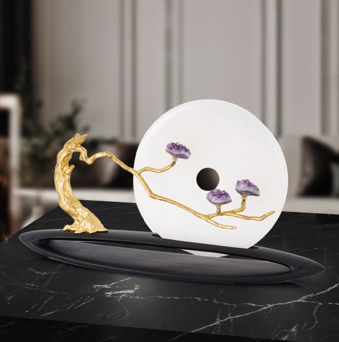 Статуэтка Диск суйсеки с деревцем из латуни с аметистами на подставке из агата