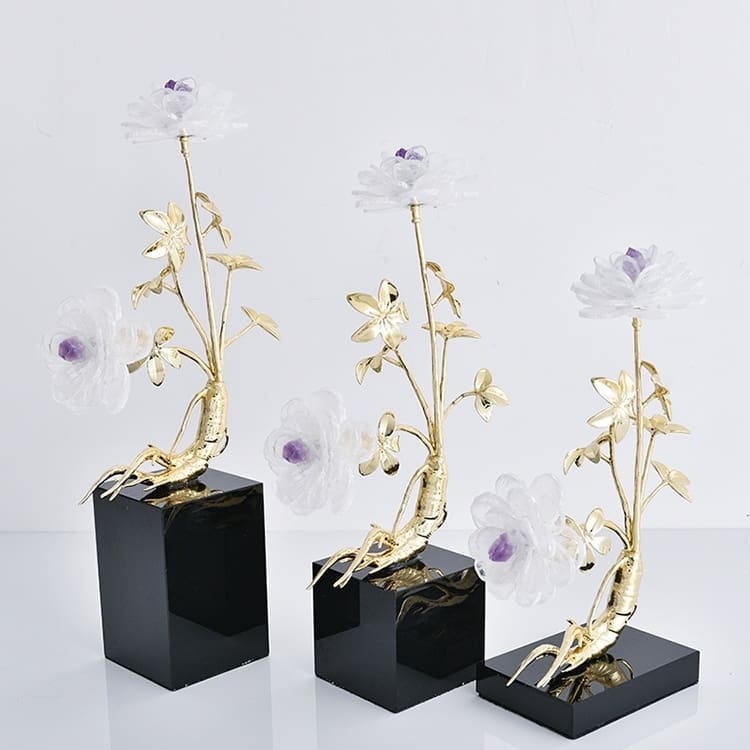 Статуэтка Женьшень в кварце и аметисте на подставке