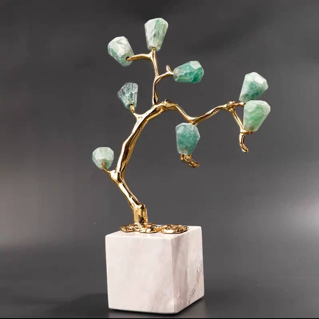 Статуэтка Бонсай с кристаллами флюорита на мраморной подставке