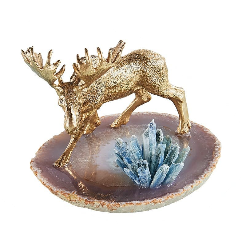 Статуэтка Лось с кристаллами селенита на срезе агата