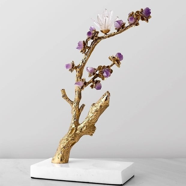 Статуэтка Ветка на суку с аметистом и горным хрусталем на подставке из мрамора L