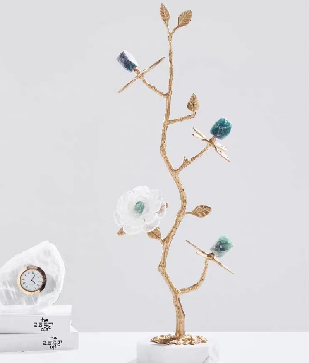 Статуэтка Ветка с кристаллами кварца и флюорита на мраморной подставке