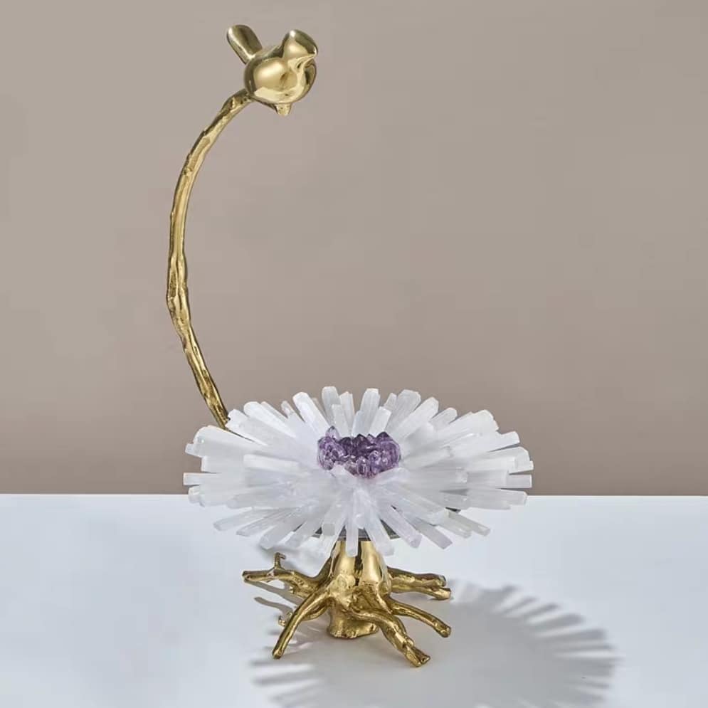 Статуэтка Экзотический цветок из кристаллов горного хрусталя и аметиста на ветке латуни с птичкой