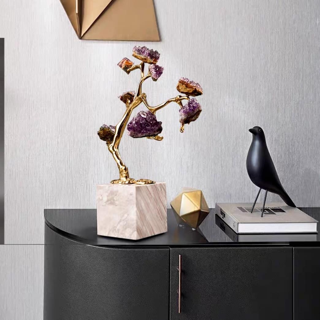 Статуэтка Бонсай с кристаллами аметиста на мраморной подставке