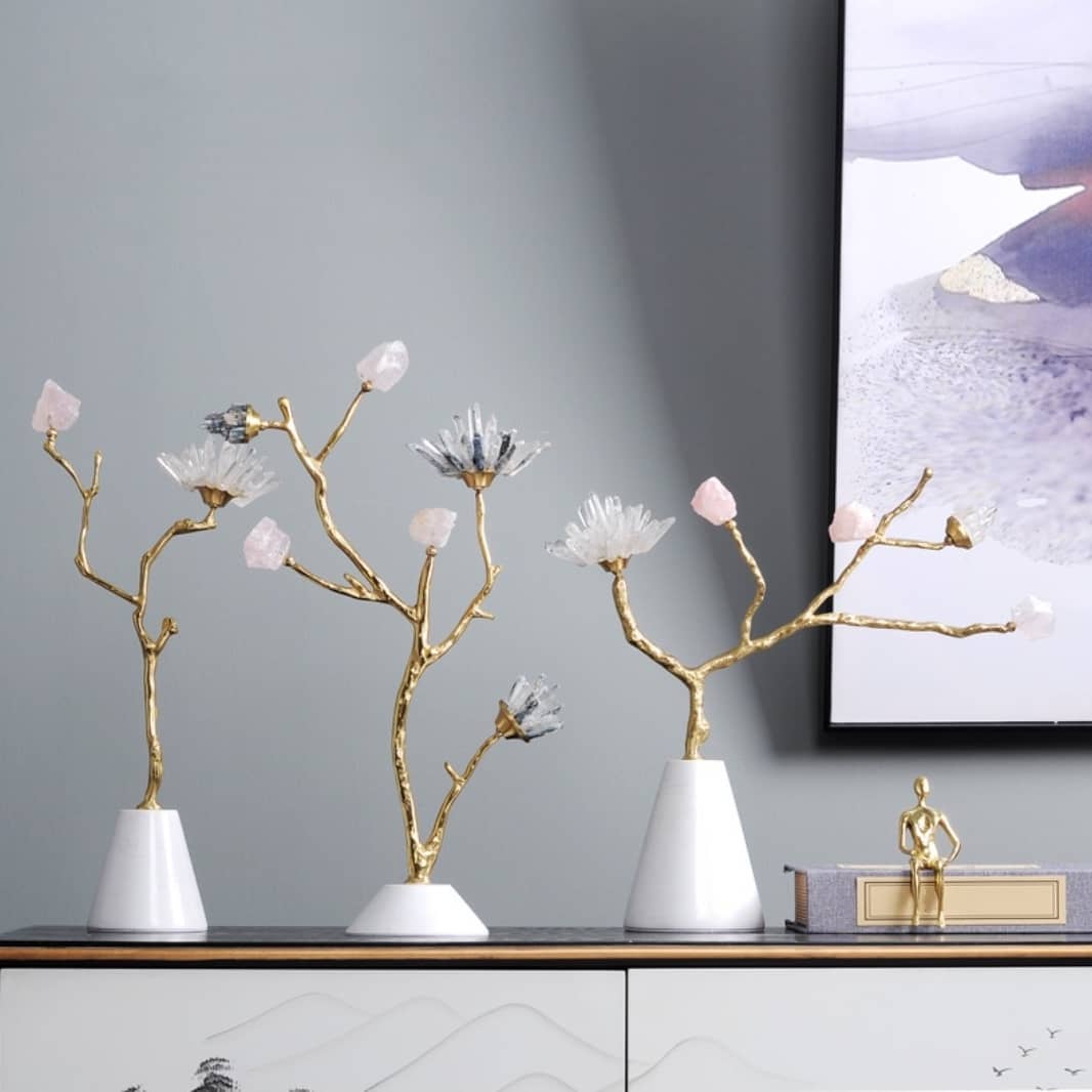 Статуэтка Соцветие из горного хрусталя, розового кварца и селенита на подставке