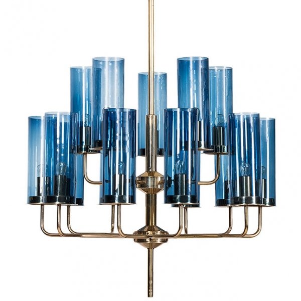 Люстра Hans-Agne Jakobsson Brass & Blue Glass Tube Chandelier designed by Hans-Agne Jakobsson in 1970